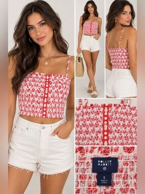 Roller Rabbit Red White Floral Smocked Crop Top Cami Tank NWT S